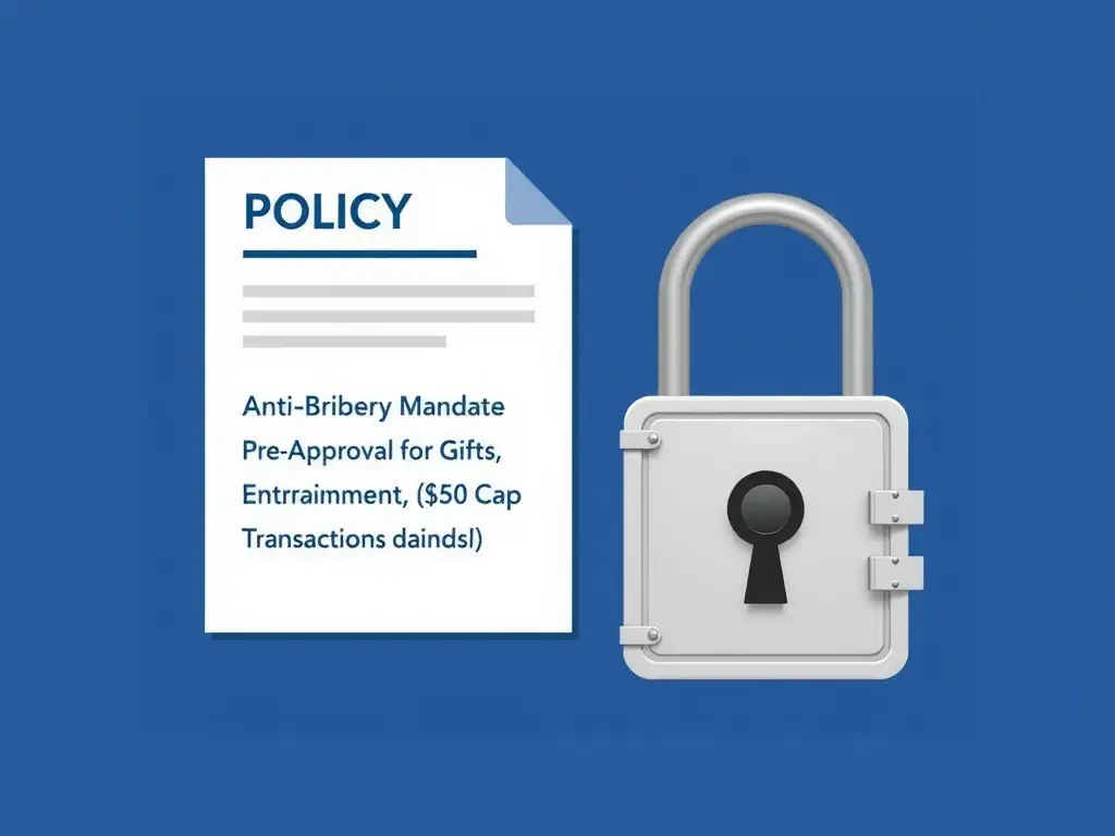 A policy document icon with sections labeled "Anti-Bribery Mandate", "Pre-Approval for Gifts", and "Entertainment Limits ($50 Cap)", acting as a lock on a vault containing foreign transactions.