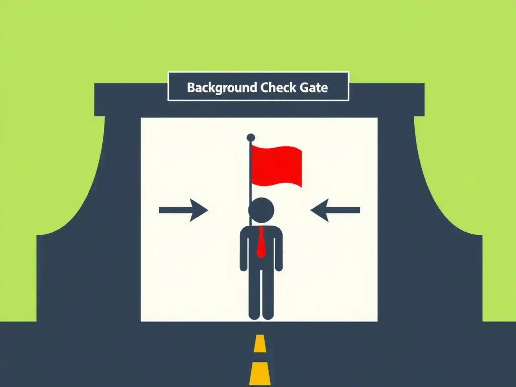A flowchart showing a hiring candidate passing through a "Background Check Gate" where their name is compared against regulatory databases and public enforcement records, showing a red flag icon blocking the candidate if a violation history is found.