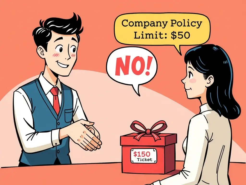 An illustration of an employee shaking hands with a client while politely gesturing "no" to a gift box labeled "$150 Ticket", with a speech bubble referencing "Company Policy Limit: $50".