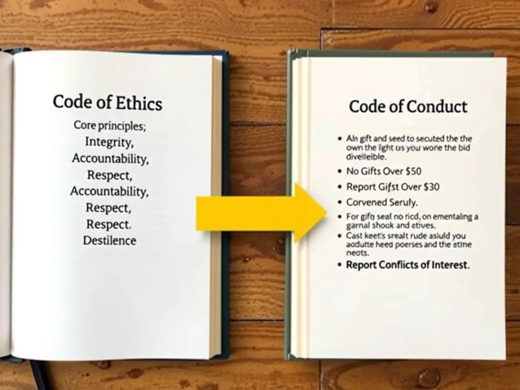 Two books side-by-side: one titled "Code of Ethics" showing a list of core principles like "Integrity", "Accountability", and "Respect" with an arrow pointing to the second book titled "Code of Conduct" showing concrete rules like "No Gifts Over $50" and "Report Conflicts of Interest".