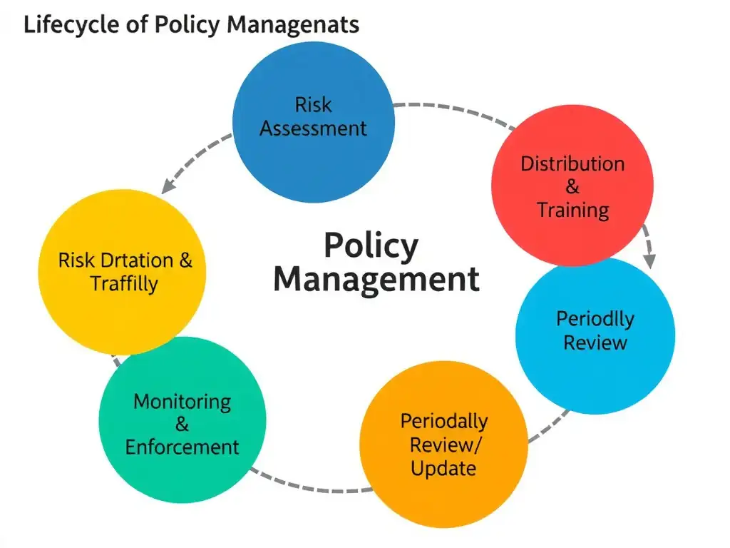 A visual diagram depicting the continuous lifecycle of policy management, showing stages such as Risk Assessment, Policy Drafting, Distribution & Training, Monitoring & Enforcement, and Periodic Review/Update. The diagram should highlight how external regulatory changes and new internal risks feed back into the review stage, illustrating that policy management is an iterative loop rather than a linear process.