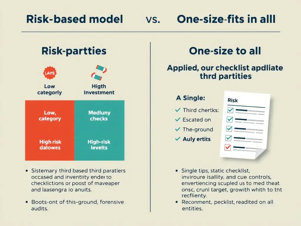 An illustration comparing a segmented, risk-based due diligence model against a flat, one-size-fits-all model. The risk-based side shows third parties categorized into low, medium, and high-risk tiers with corresponding escalating levels of investigation (basic database checks vs. boots-on-the-ground forensic audits). The one-size-fits-all side shows a single, static checklist applied to all entities, highlighting the inefficiency and lack of targeted control.
