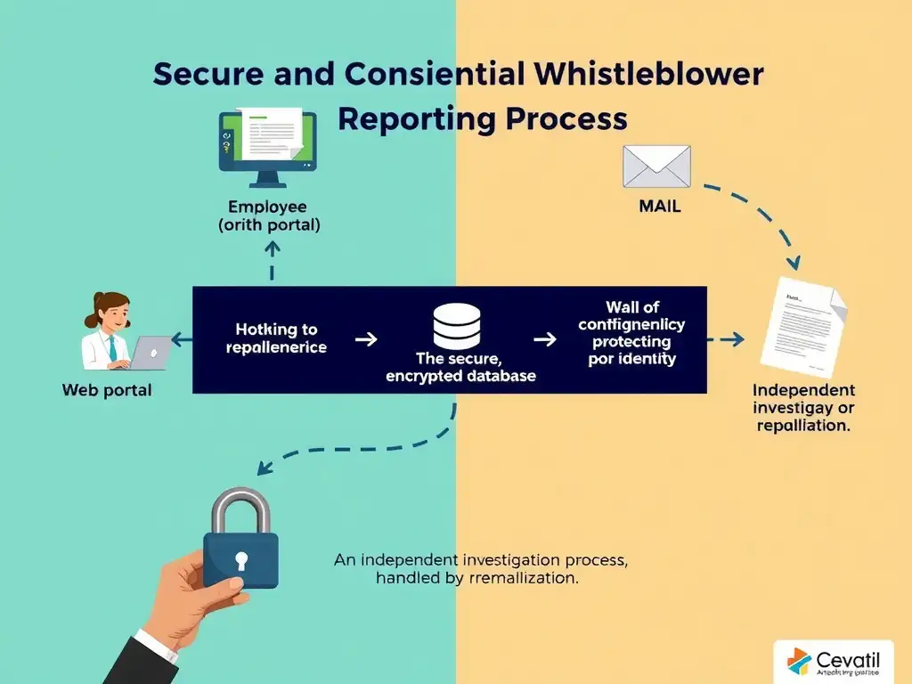 A flow diagram illustrating the secure and confidential whistleblower reporting process. The diagram should show an employee submitting a report through various channels (web portal, hotline, mail) into a secure, encrypted database. It should emphasize the wall of confidentiality protecting the reporter's identity, leading to an independent investigation process handled by compliance, with zero leaks or retaliation.