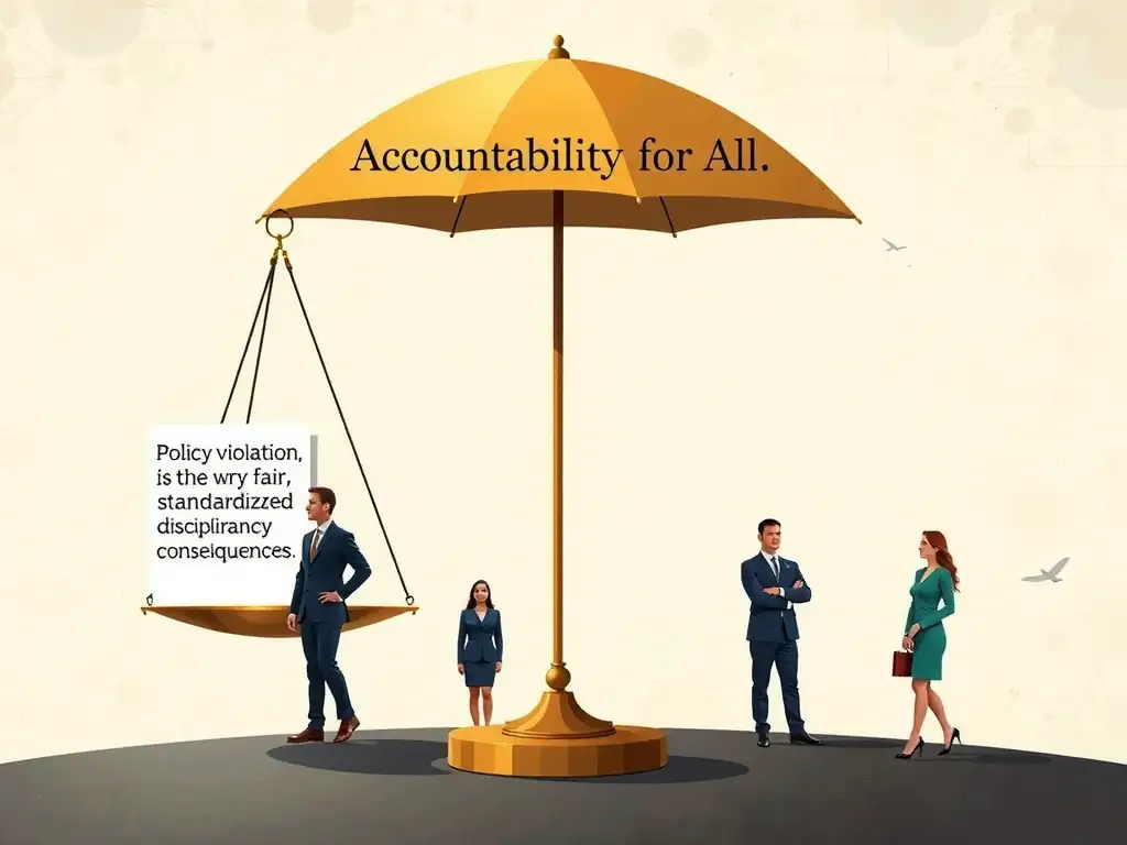 An illustration representing corporate justice and consistency, showing a balance scale where policy violations on one side are balanced by fair, standardized disciplinary consequences on the other side. The background should depict employees at various hierarchical levels (executive, manager, staff) standing under a single umbrella representing "Accountability for All," symbolizing that the rules apply equally to everyone.