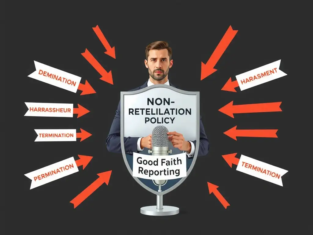A conceptual graphic showing a protective shield labeled "Non-Retaliation Policy" placed over an employee who is speaking into a microphone labeled "Good Faith Reporting." Surrounding the shield are arrows representing negative actions (like demotion, harassment, and termination) bouncing off harmlessly, demonstrating security and support for whistleblowers.