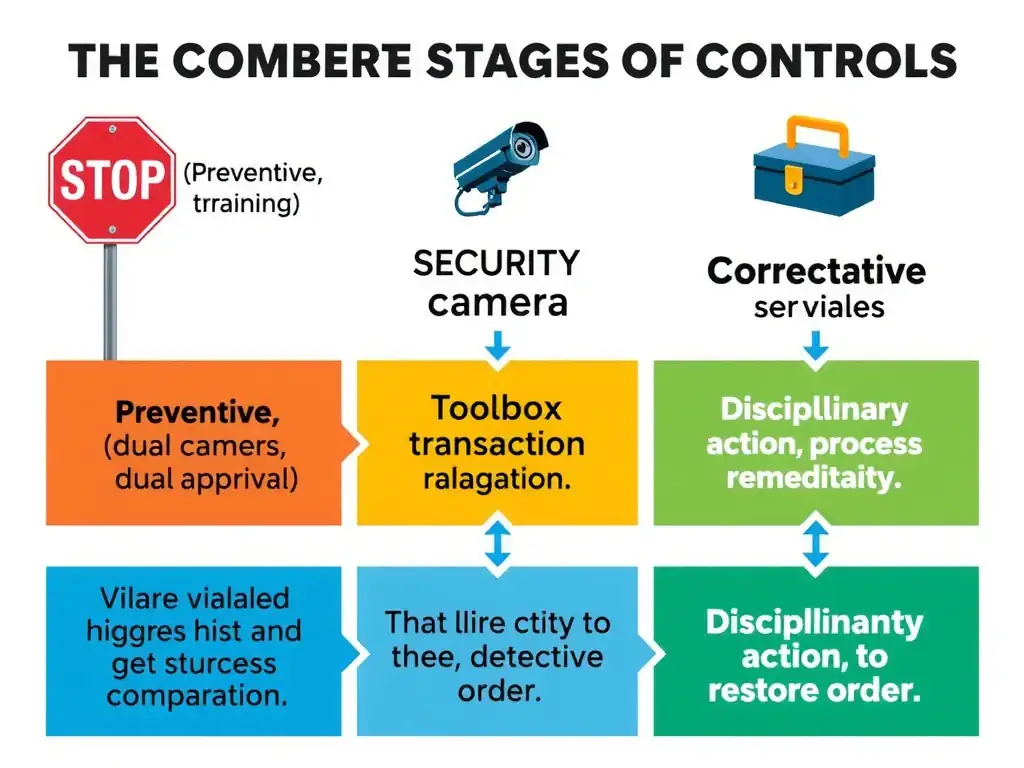 A comparative flowchart representing the three stages of controls: Preventive (stop sign, training, dual approval), Detective (security camera, transaction flagging), and Corrective (toolbox, disciplinary action, process remediation). The diagram should show a violation happening, triggering the detective control, which then leads directly to the corrective control (disciplinary action) to restore order.
