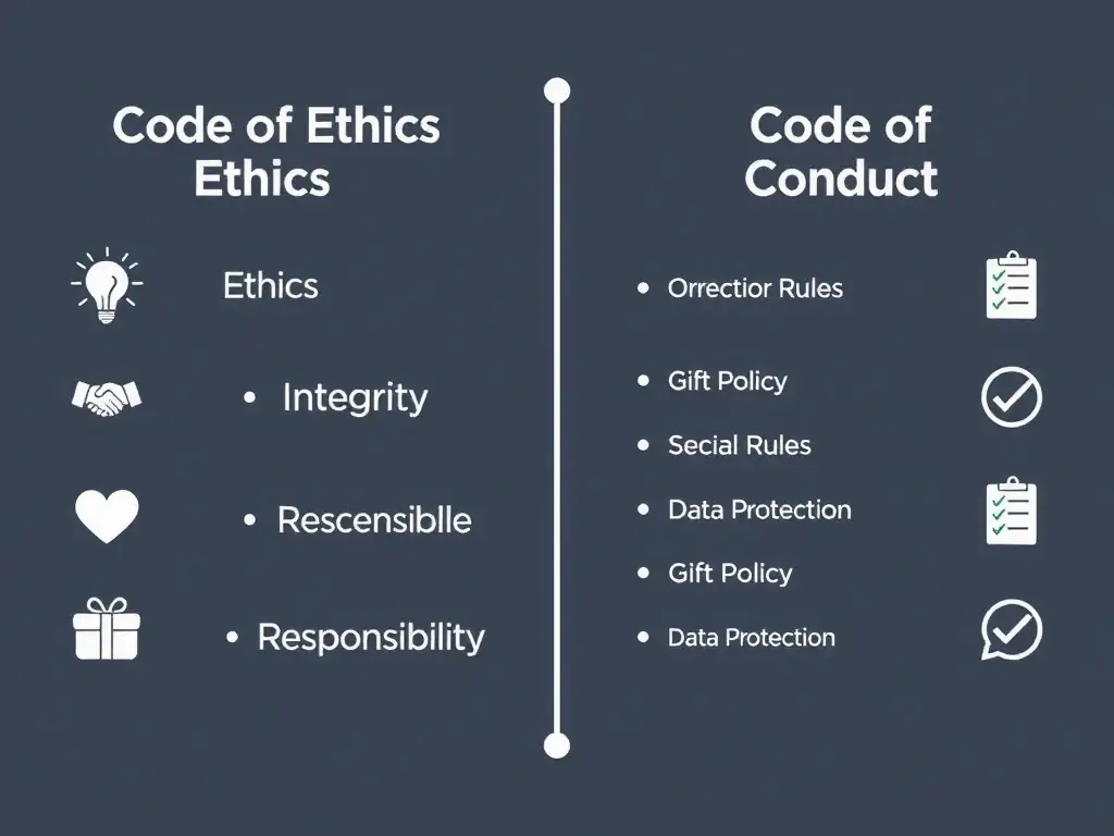 A split graphic displaying "Code of Ethics" on one side and "Code of Conduct" on the other. The "Ethics" side features abstract, value-oriented icons (e.g., handshake, lightbulb, heart) representing principles like Integrity and Responsibility. The "Conduct" side features concrete, rule-oriented icons (e.g., clipboard, checklist, restrict sign) representing specific rules like Gift Policy and Data Protection.