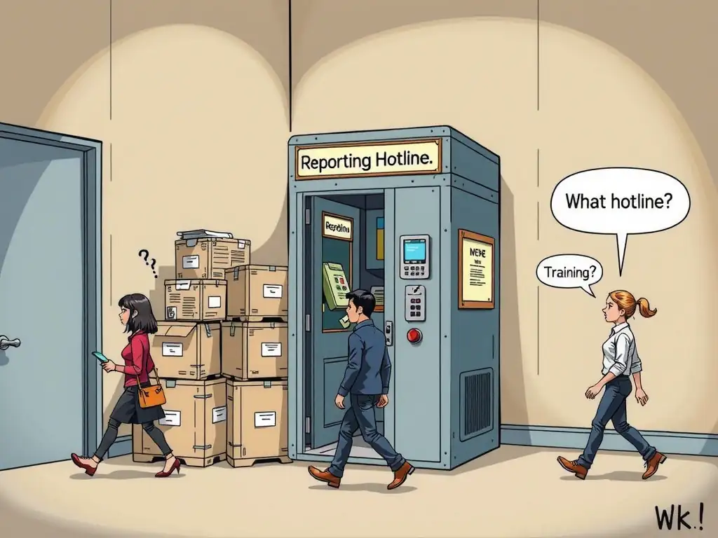 A comic-style illustration showing a high-tech "Reporting Hotline" telephone booth hidden behind dusty boxes in a corner, with employees walking past looking confused or asking "What hotline?" This illustrates a breakdown in communication and training, showing the gap between resource existence and employee awareness.
