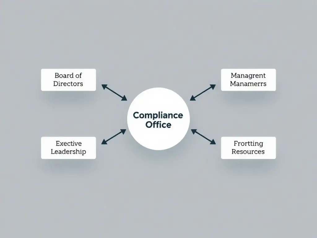 A network diagram showing information flowing from a central "Compliance Office" node to various external nodes labeled "Board of Directors," "Executive Leadership," "Middle Managers," and "Frontline Employees." Each arrow displays customized message types (e.g., Board Oversight Reports, Management Training, Reporting Resources), illustrating how a communications plan delivers targeted information to all stakeholders.