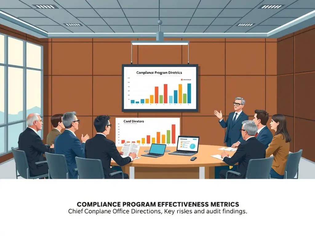 A boardroom illustration showing a corporate Board of Directors seated around a table, actively reviewing a dashboard labeled "Compliance Program Effectiveness Metrics." Standing at the front are the Chief Compliance Officer and the Internal Audit Director presenting key risks and audit findings, demonstrating a structured, high-level oversight meeting.