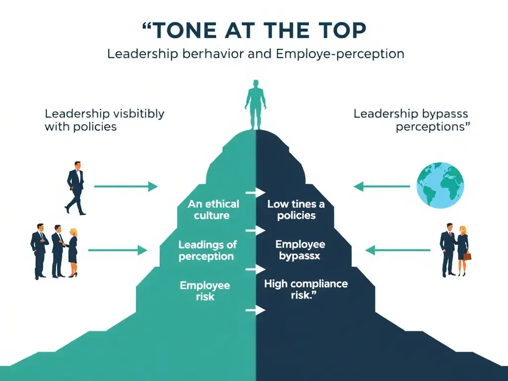 The image should illustrate the contrast between "Tone at the Top" leadership behavior and employee perception. It should show a flow chart or comparison split into two paths: one where leadership visibly complies with policies (leading to an ethical culture and low compliance risk), and one where leadership bypasses policies (leading to a check-the-box perception, employee bypass, and high compliance risk).