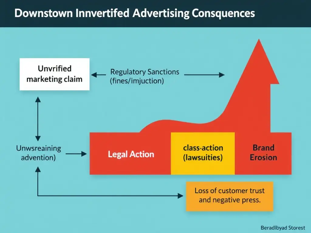 A conceptual diagram mapping the downstream consequences of a misleading advertising campaign. It should show an unverified marketing claim flowing into three risk categories: Regulatory Sanctions (fines/injunctions), Legal Action (class-action lawsuits), and Brand Erosion (loss of customer trust and negative press).