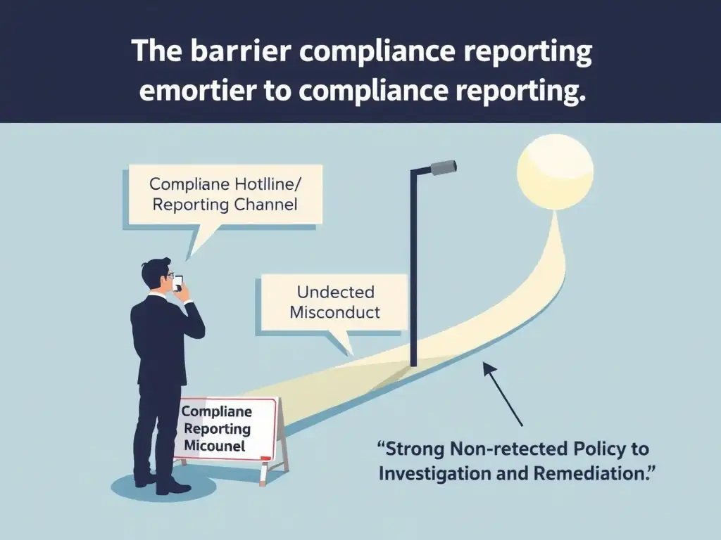 A diagram depicting the barrier to compliance reporting. Show an employee observing misconduct, with a roadblock labeled 'Fear of Retaliation' blocking the path to the 'Compliance Hotline/Reporting Channel,' resulting in 'Undetected Misconduct,' while an open path displays 'Strong Non-Retaliation Policy' leading safely to 'Investigation and Remediation.'