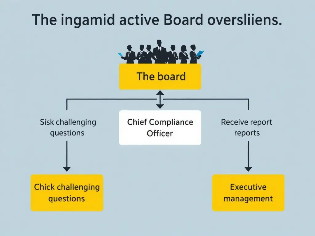 An organizational flowchart illustrating active Board oversight. The board is positioned at the top, with two-way arrows showing active communication (asking challenging questions, receiving reports) directly to/from the Chief Compliance Officer, bypassing executive management to show independence.