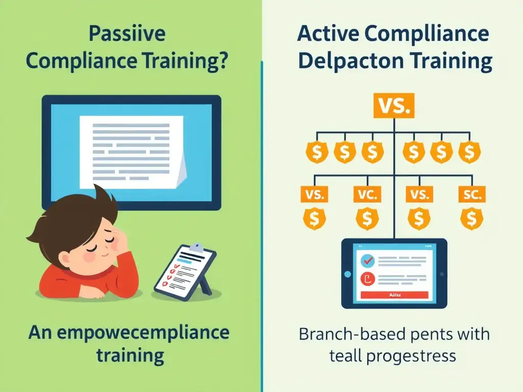 An infographic comparing passive compliance training (a sleeping employee looking at a text-heavy document on a screen) vs. active compliance training (an engaged employee interacting with a scenario-based branch decision tree on a tablet with badges and progress indicators).