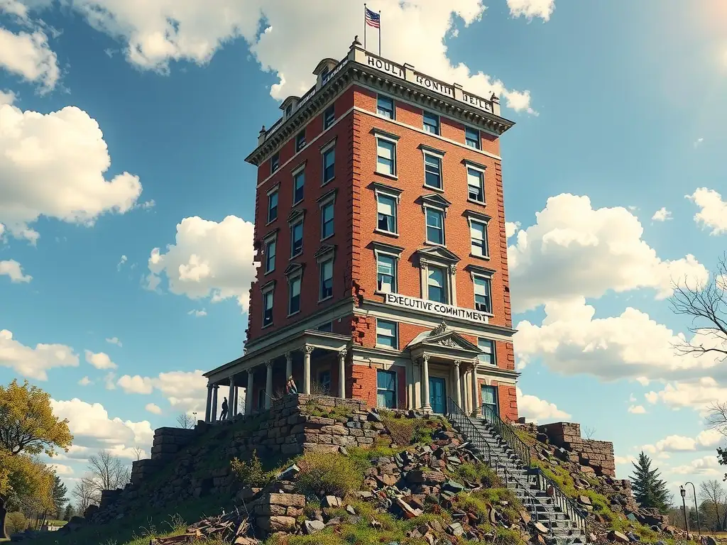 A visual metaphor of a crumbling building where the foundation represents "Executive Commitment." When the foundation is cracked and weak, the upper floors (labeled "Employee Behavior," "Control Effectiveness," and "Risk Mitigation") are tilting and unstable, threatening to collapse under regulatory pressure.