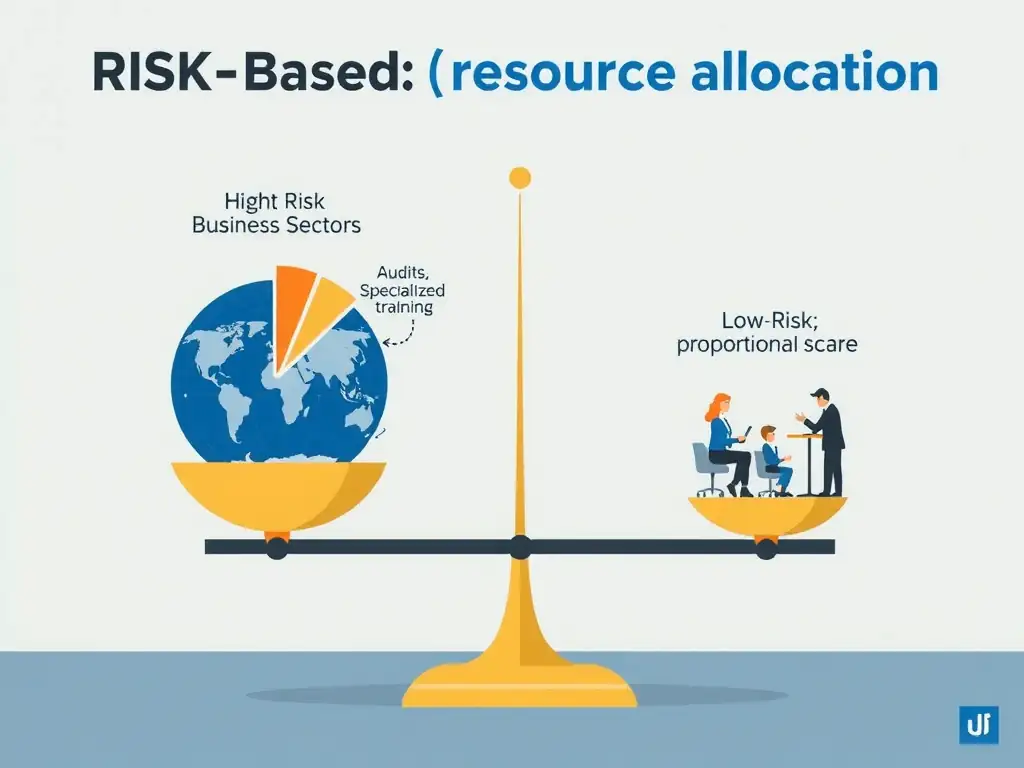 A scale illustration demonstrating risk-based resource allocation. On one side, show high-risk business sectors (e.g., International Sales, Government Procurement) receiving a large portion of compliance resources (audits, specialized training, strict controls). On the other side, show low-risk sectors receiving a smaller, proportional share.