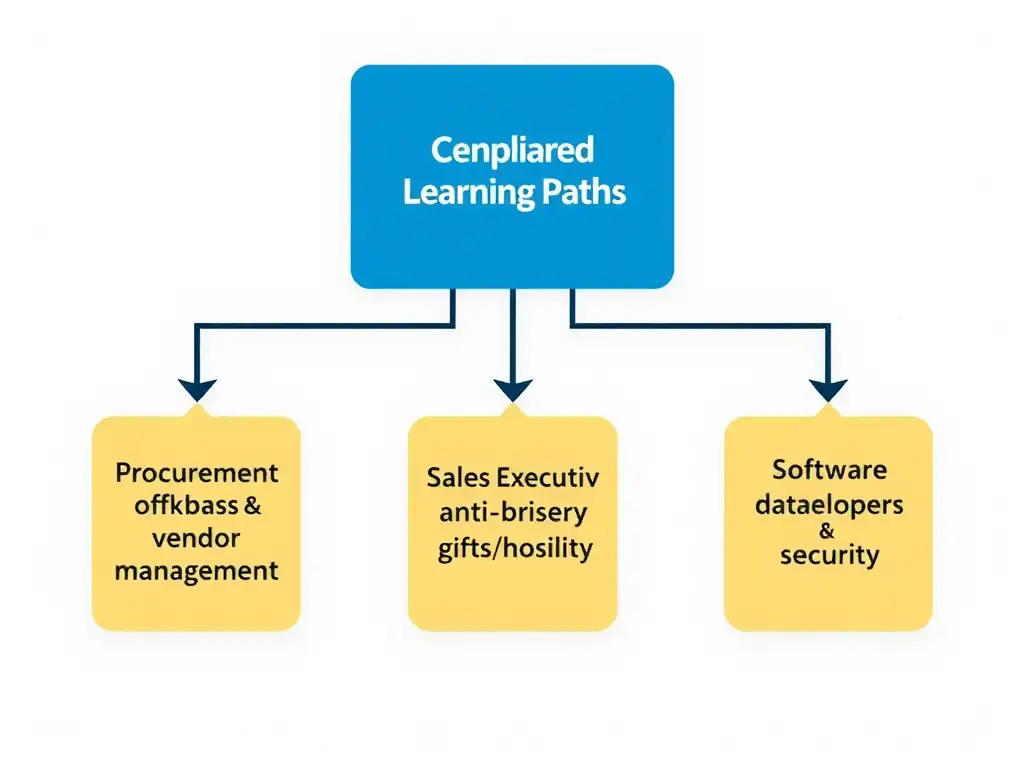 A conceptual diagram showing a centralized database of compliance topics branching out into tailored learning paths for three different employee roles: a Procurement Officer (focusing on anti-kickback and vendor management), a Sales Executive (focusing on anti-bribery and gifts/hospitality), and a Software Developer (focusing on data privacy and security).