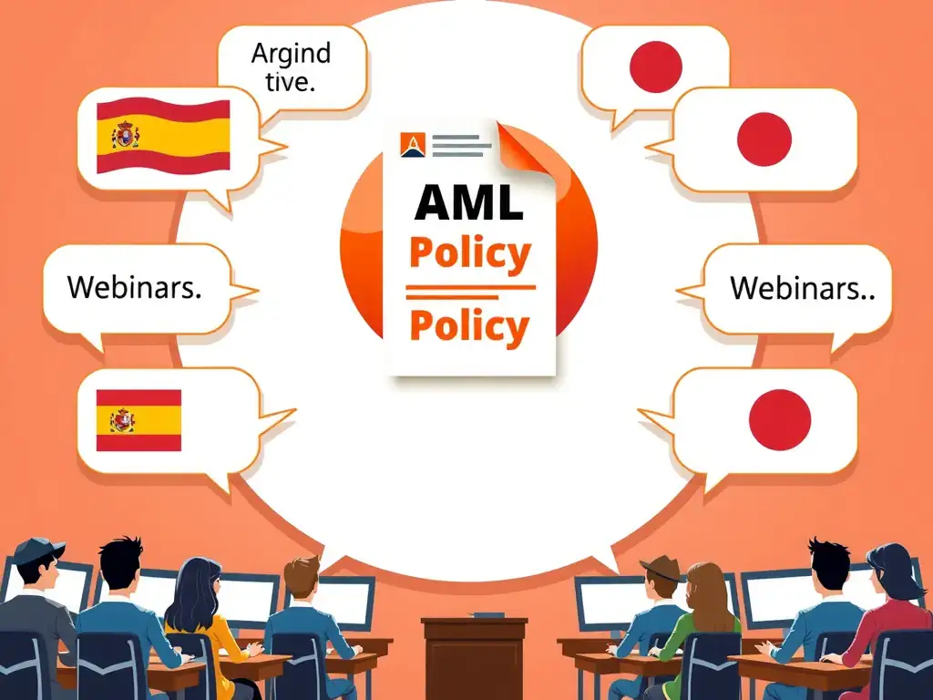 An illustration depicting global policy deployment. The central policy document (AML Policy) is translated into multiple language speech bubbles (e.g., Spanish, Japanese, French) and distributed via both digital webinars and classroom settings, leading to global alignment and understanding.