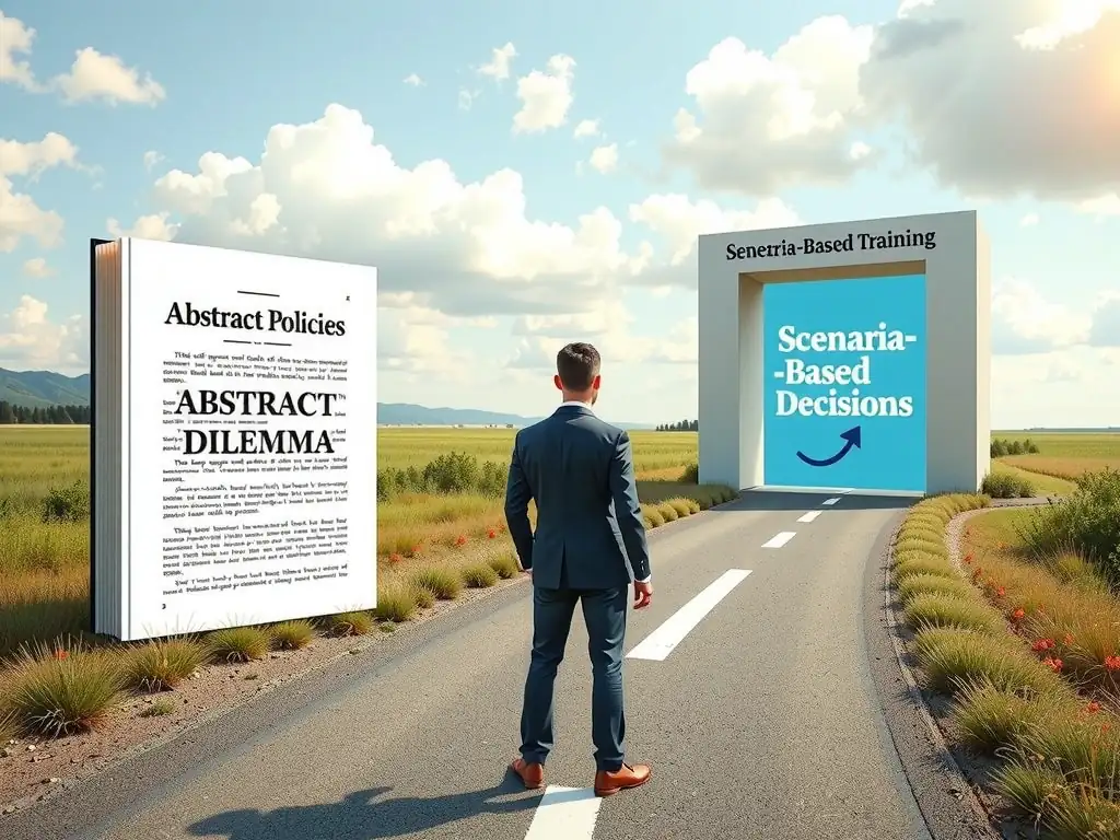An employee standing at a crossroads labeled "Real-World Ethical Dilemma." On one side, there is a book of "Abstract Policies" with complex, hard-to-read text. On the other side, there is an interactive "Scenario-Based Training" portal displaying a real-life situation. An arrow guides the employee from the training portal to a clear path labeled "Compliant Decisions," demonstrating how interactive training translates abstract rules into concrete actions.