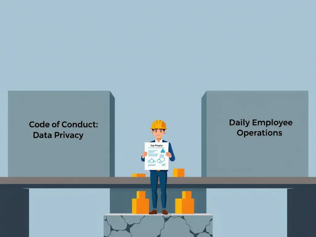 A bridge under construction, where the left side of the bridge is labeled "Code of Conduct: Data Privacy" and the right side is labeled "Daily Employee Operations." There is a visible gap in the middle labeled "No Policies or Training." A compliance officer is standing in the gap with a blueprint labeled "Gap Analysis" and building blocks labeled "Training Modules" and "Operational Policies" to bridge the gap.