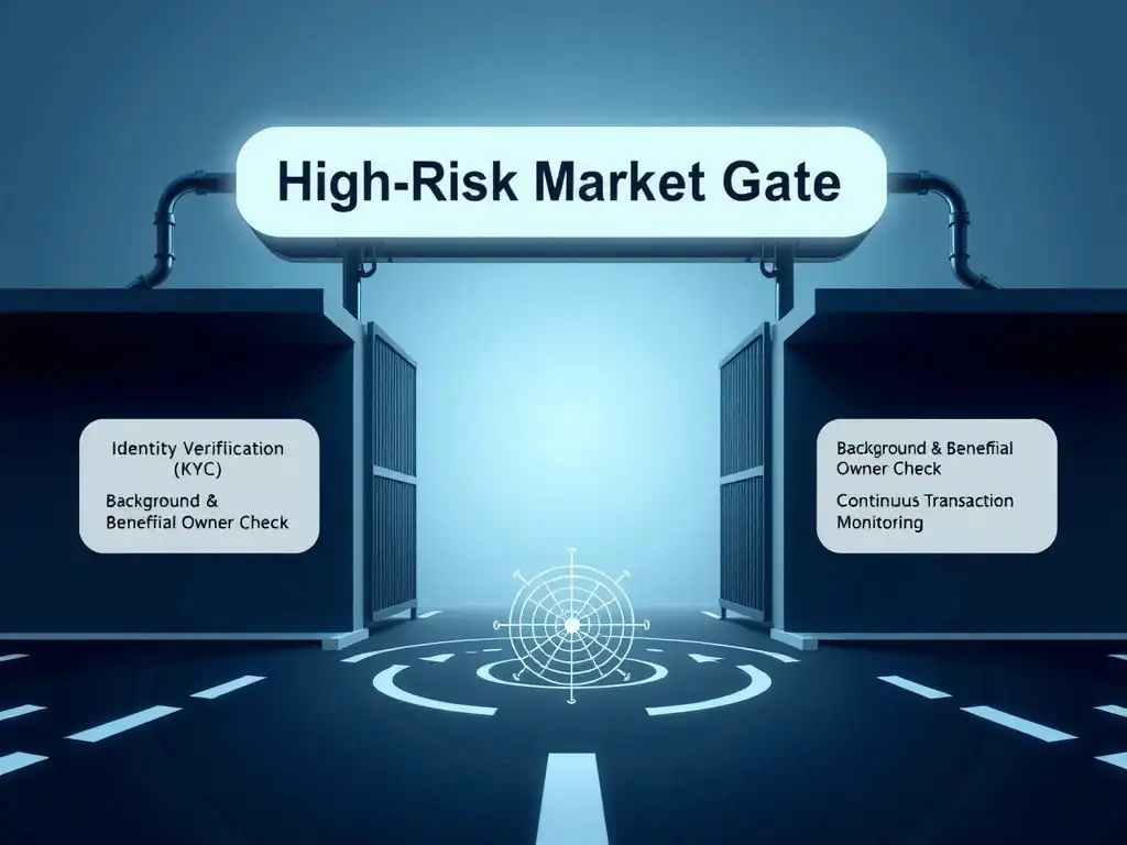 A digital gateway labeled "High-Risk Market Gate." To pass through the gate, a customer profile must go through three sequential checkpoints: "Identity Verification (KYC)," "Background & Beneficial Owner Check," and "Continuous Transaction Monitoring." A radar icon sweeps over the transactions, flagging suspicious patterns, illustrating a robust risk management control loop.