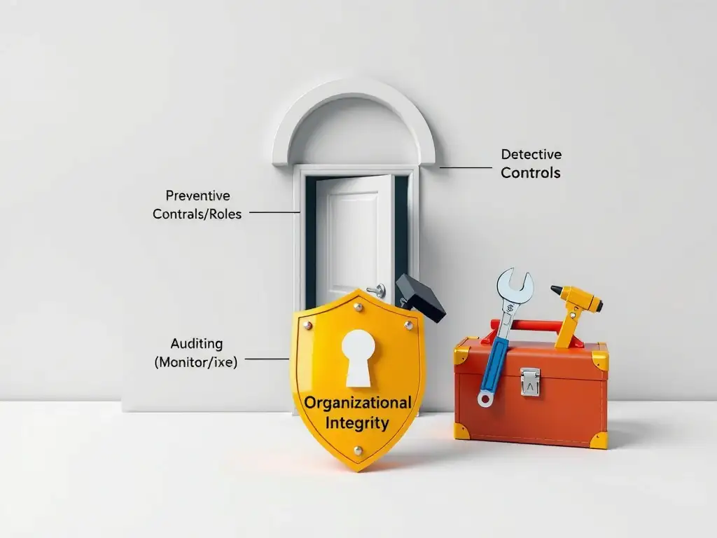 A three-tiered security system representing corporate operations. The first tier is a locked door labeled "Preventive Controls (Approvals/Roles)," the second tier is a scanner labeled "Detective Controls (Auditing/Monitoring)," and the third tier is a toolbox labeled "Corrective Controls (Remediation/Fixes)." Together, these three tiers protect a core shield labeled "Organizational Integrity."