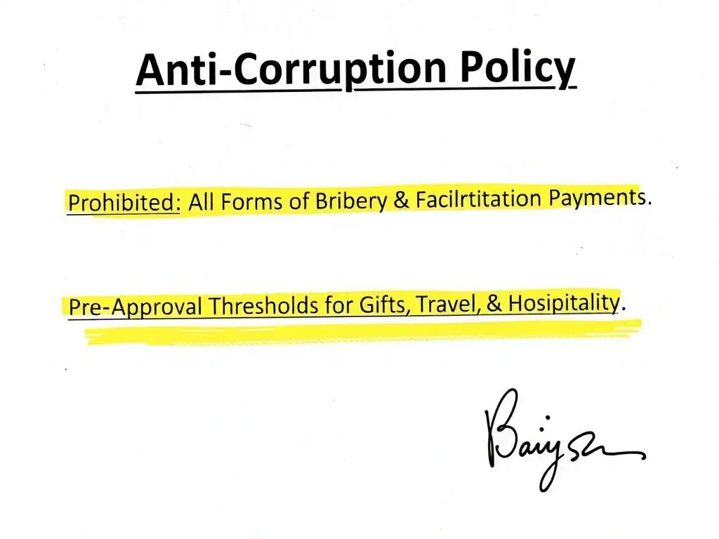 A policy document labeled "Anti-Corruption Policy" with two distinct sections highlighted: "Prohibited: All Forms of Bribery & Facilitation Payments" and "Pre-Approval Thresholds for Gifts, Travel, & Hospitality." A signature line at the bottom shows executive sign-off, symbolizing the formal implementation of anti-bribery controls.