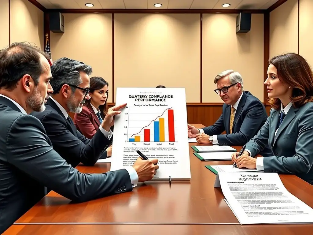 A Boardroom meeting in progress, where directors are sitting around a table reviewing a report labeled "Quarterly Compliance Performance." One board member is pointing to a chart and asking a management representative a question, while another is signing a document labeled "Approval for Compliance Budget Increase," illustrating active engagement and resource support.