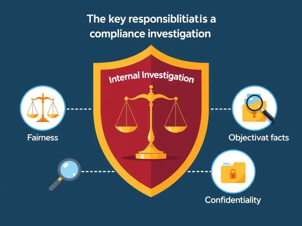 A scales of justice balanced inside a shield, representing an internal investigation. Surrounding the shield are icons representing "Fairness" (balanced scales), "Objectivity" (a magnifying glass focusing on facts), and "Confidentiality" (a padlock securing a file folder), highlighting the key responsibilities of a compliance investigation.