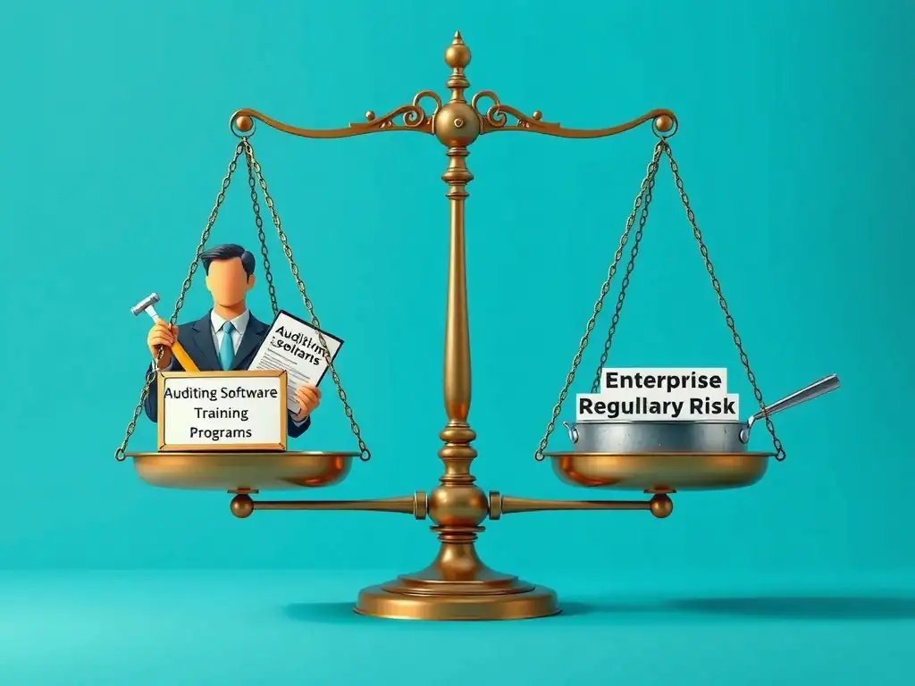 A set of scales with a compliance officer on one side holding tools labeled "Auditing Software," "Training Programs," and "Staffing Budget," balanced against a scale pan labeled "Enterprise Regulatory Risk." The balancing of these scales shows how adequate resource allocation is required to manage corporate risks.