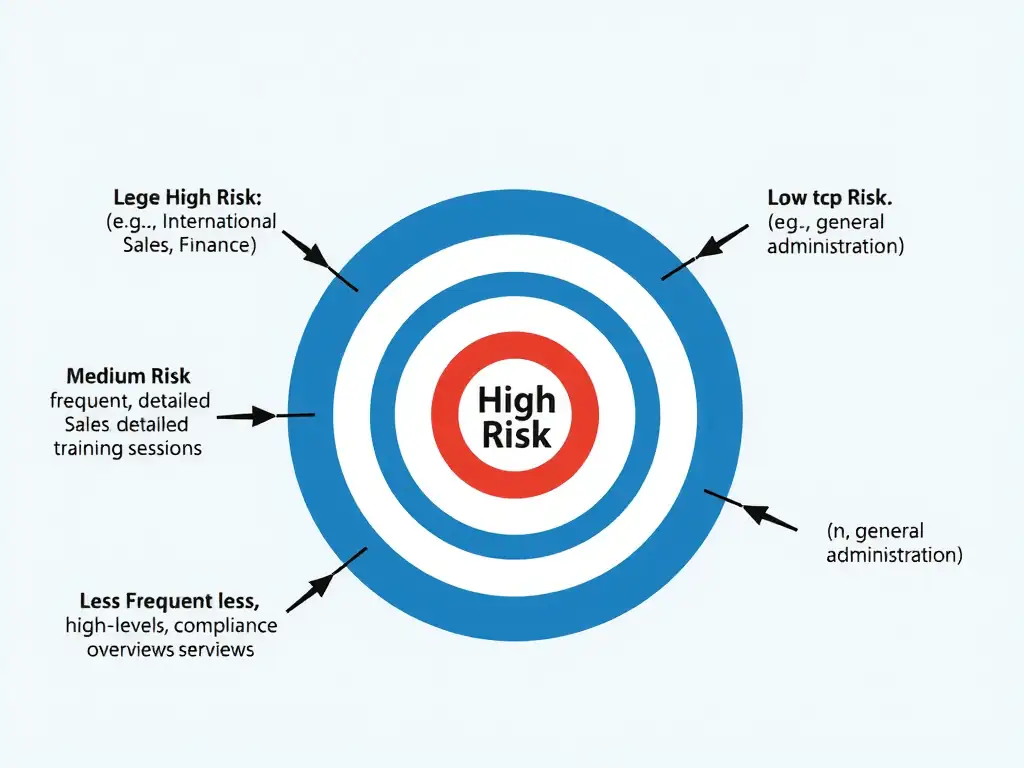 A target map of a company. The center bullseye represents "High Risk" (e.g., International Sales, Finance) and has arrows showing frequent, detailed training sessions. The outer rings represent "Medium Risk" and "Low Risk" (e.g., general administration) and have arrows showing less frequent, high-level compliance overviews, representing a tailored, risk-based approach.