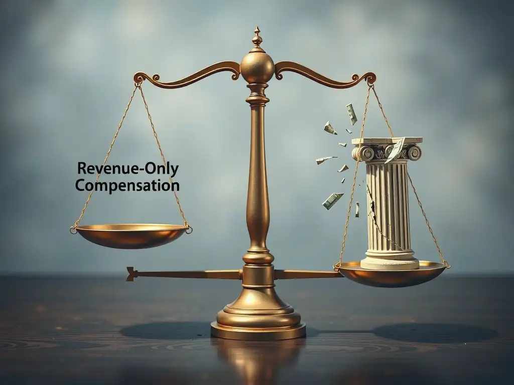 A balance scale illustrating organizational incentives. On one side of the scale is 'Revenue-Only Compensation' heavily weighted down, representing high pressure. On the other side, a cracked pillar representing 'Internal Compliance Controls' showing signs of breaking. The image highlights the risk of misaligned incentives leading to systemic control failures.