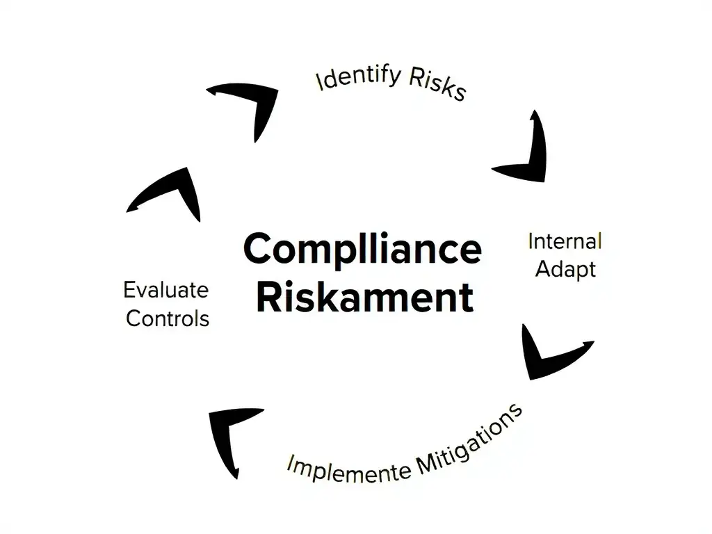 A cyclical flow diagram representing a compliance risk assessment loop. The diagram contains stages labeled 'Identify Risks', 'Evaluate Controls', 'Implement Mitigations', and 'Monitor & Adapt'. Arrows show continuous movement, with external inputs pointing into the cycle labeled 'Regulatory Changes' and 'Internal Expansion'.