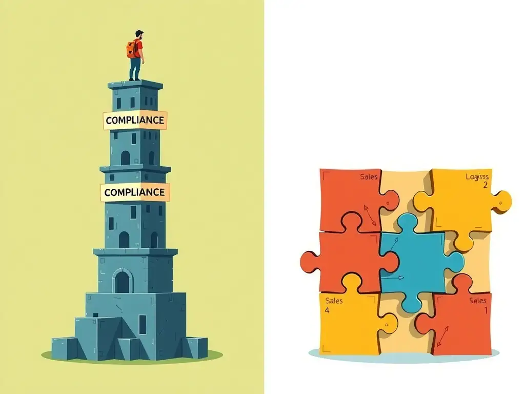A split illustration. On the left, an isolated tower labeled 'Compliance' disconnected from puzzle pieces labeled 'Sales', 'Engineering', and 'Logistics'. On the right, a unified puzzle where the 'Compliance' piece is fully interlocked with the other business functions, representing integration.