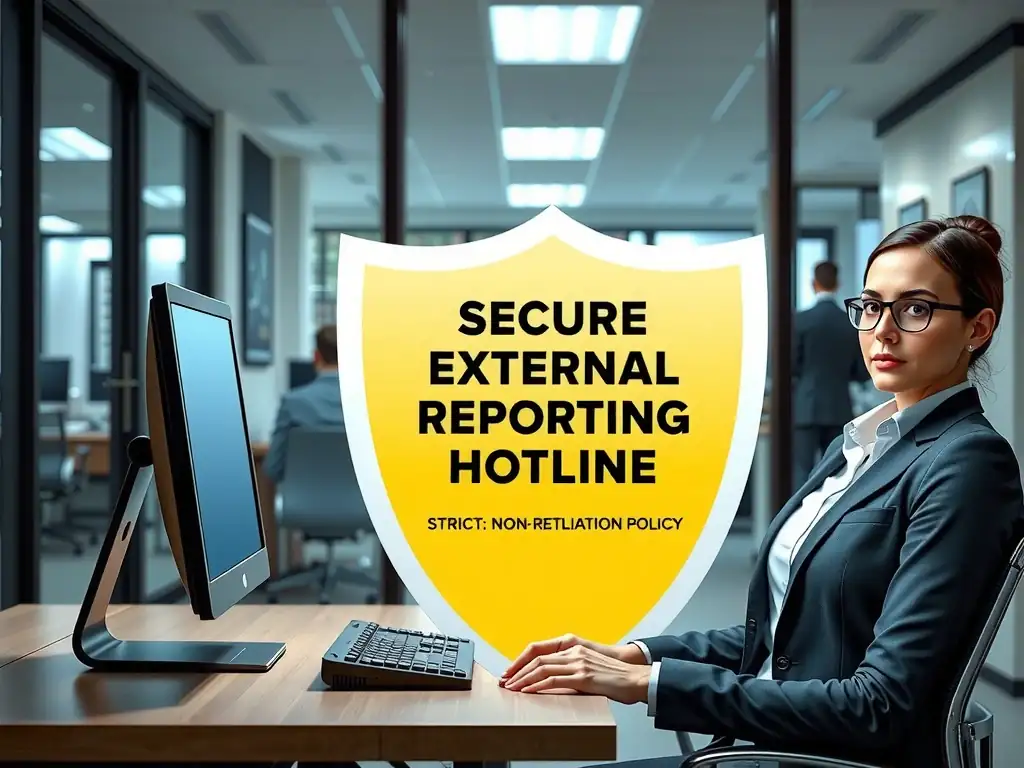 An employee sitting at a computer console typing into a portal labeled 'Secure External Reporting Hotline'. A protective shield labeled 'Strict Non-Retaliation Policy' stands between the employee and a corporate office background, symbolizing safety and confidentiality.