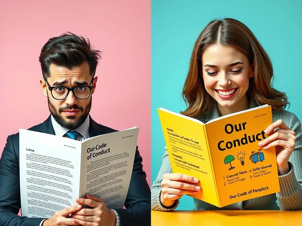 A comparison view. On the left, an employee looking confused at a document filled with tiny, dense blocks of legal text. On the right, the same employee smiling and looking at a clear, colorful booklet with bullet points and helpful icons labeled 'Our Code of Conduct'.