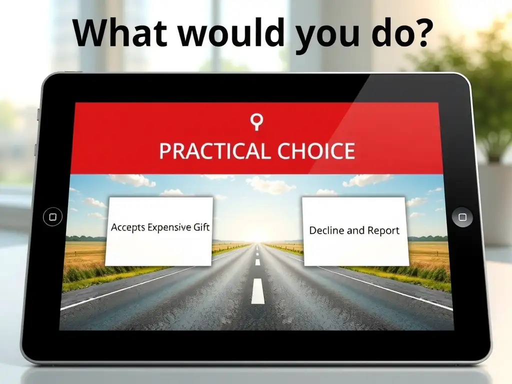 An interactive training interface on a tablet screen showing a fork in the road. One path is labeled 'Accept Client's Expensive Gift' and the other 'Decline and Report'. Above it, the question: 'What would you do?' is displayed, illustrating practical choice.