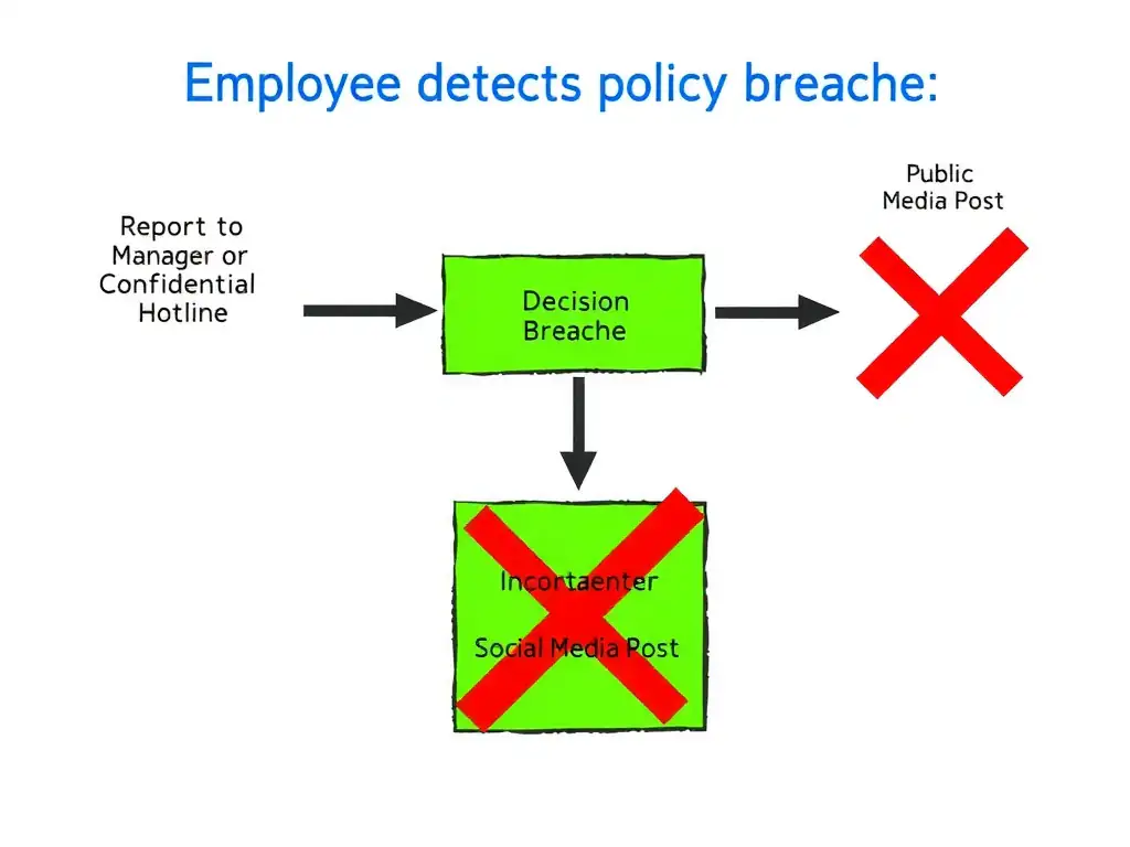 A flowchart starting with 'Employee detects policy breach', moving to a decision node pointing directly to a box labeled 'Report to Manager or Confidential Hotline' highlighted in green, with incorrect options like 'Public Confrontation' and 'Social Media Post' crossed out in red.