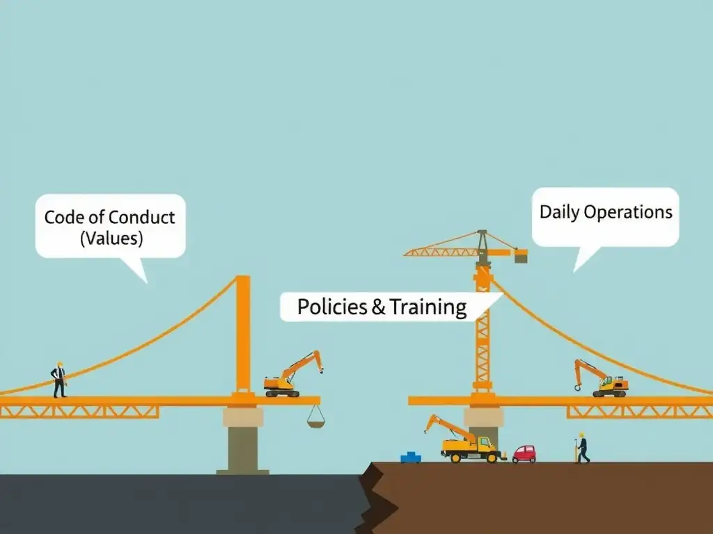 A bridge illustration where the left span is labeled 'Code of Conduct (Values)' and the right span is 'Daily Operations'. A gap exists between them. A construction crew is building the missing section labeled 'Policies & Training' to complete the bridge.