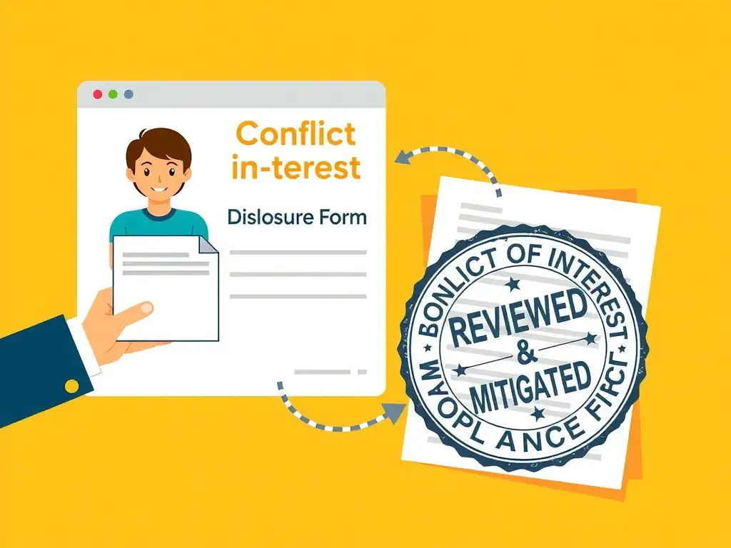 An employee submitting a digital form labeled 'Conflict of Interest Disclosure Form' via a portal. A document output with a stamp that reads 'Reviewed & Mitigated' represents the transparent compliance workflow.