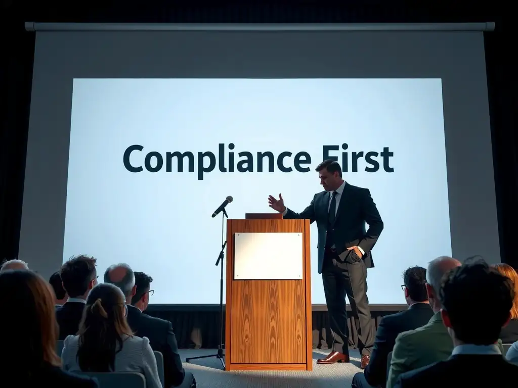 A speaker podium where a shadow of an executive is presenting a slide labeled 'Compliance First'. However, behind the podium, the word 'Compliance' is fading away, and employees in the audience are looking bored and ignoring the presentation, representing a disconnected paper program.