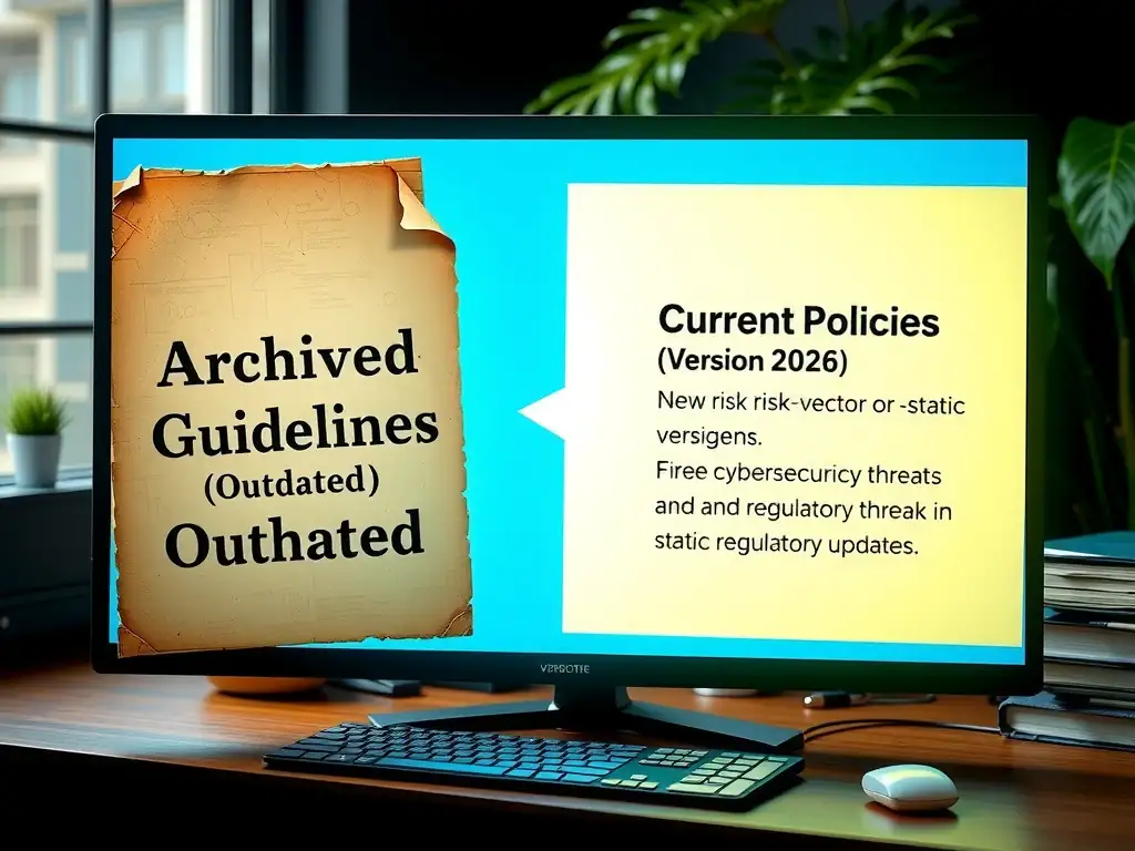 A policy document on a computer screen transitioning from a dusty version labeled "Archived Guidelines (Outdated)" to a glowing, active interface labeled "Current Policies (Version 2026)." The screen shows new risk vectors (like cybersecurity threats and regulatory updates) being incorporated into the active version, representing the transition from static paperwork to dynamic risk management.