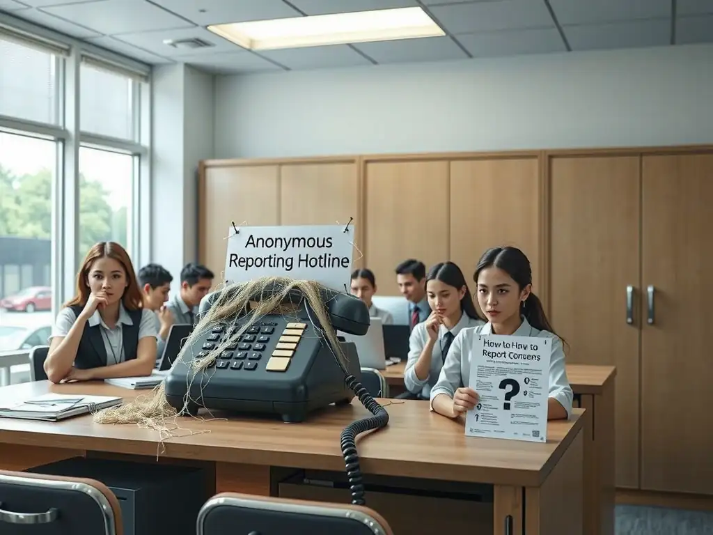 An office environment where a large, modern phone labeled "Anonymous Reporting Hotline" is placed on a back counter, but it is covered in cobwebs. Employees are sitting at their desks nearby, looking confused or holding question marks, while a compliance flyer explaining "How to Report Concerns" sits in a locked filing cabinet. This visualizes a breakdown in the communication of reporting channels.