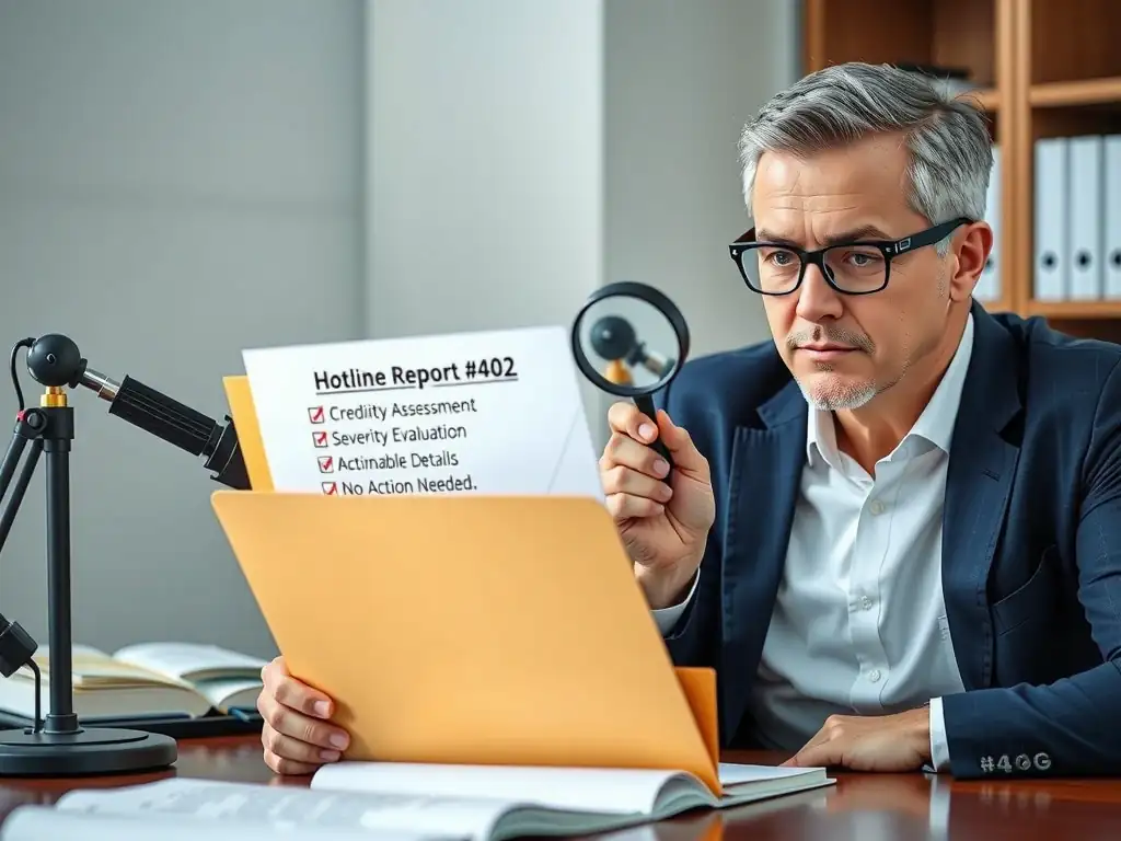 A compliance officer sitting at a desk examining an incoming folder labeled "Hotline Report #402." They are using a magnifying glass to review a checklist of criteria labeled "Credibility Assessment," "Severity Evaluation," and "Actionable Details," deciding whether to forward it to "Formal Investigation" or "No Action Needed."