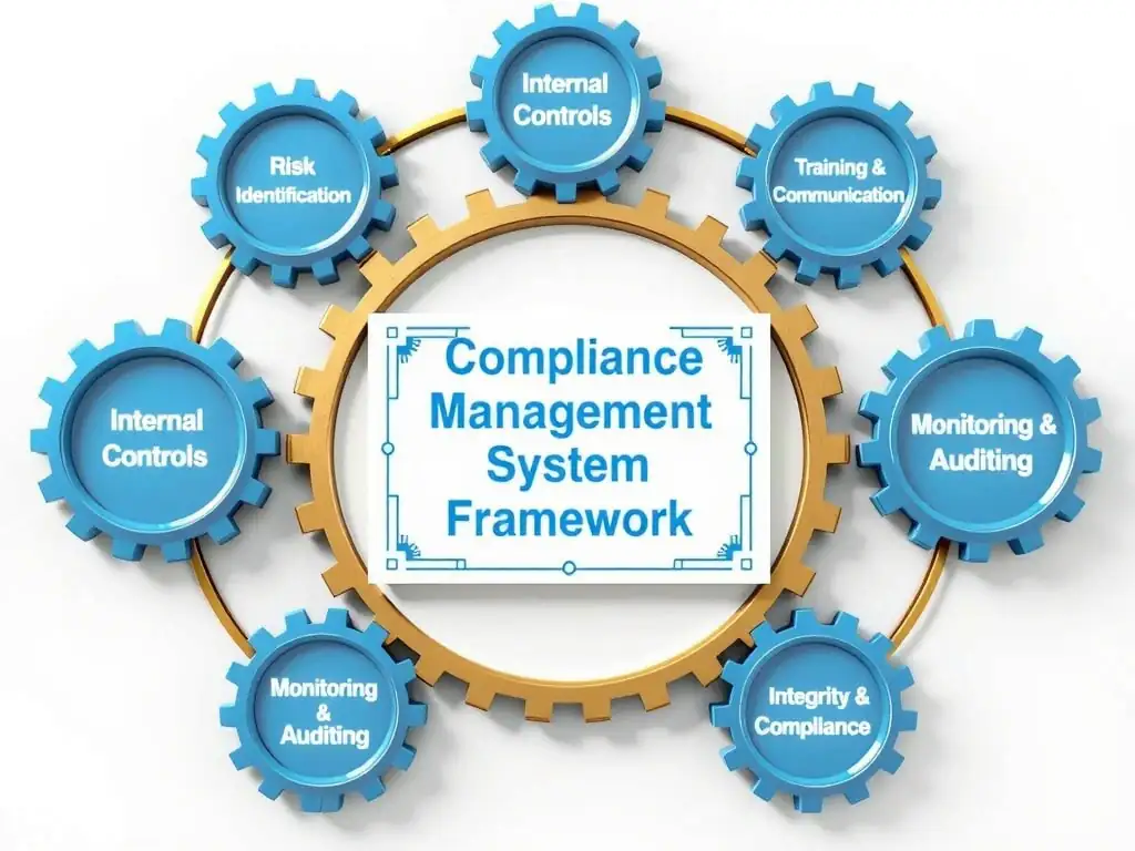 A central blueprint labeled "Compliance Management System Framework." Surrounding this blueprint are interlocking gears representing "Risk Identification," "Internal Controls," "Training & Communication," and "Monitoring & Auditing." The entire system is shown protecting an inner core labeled "Corporate Integrity & Compliance."