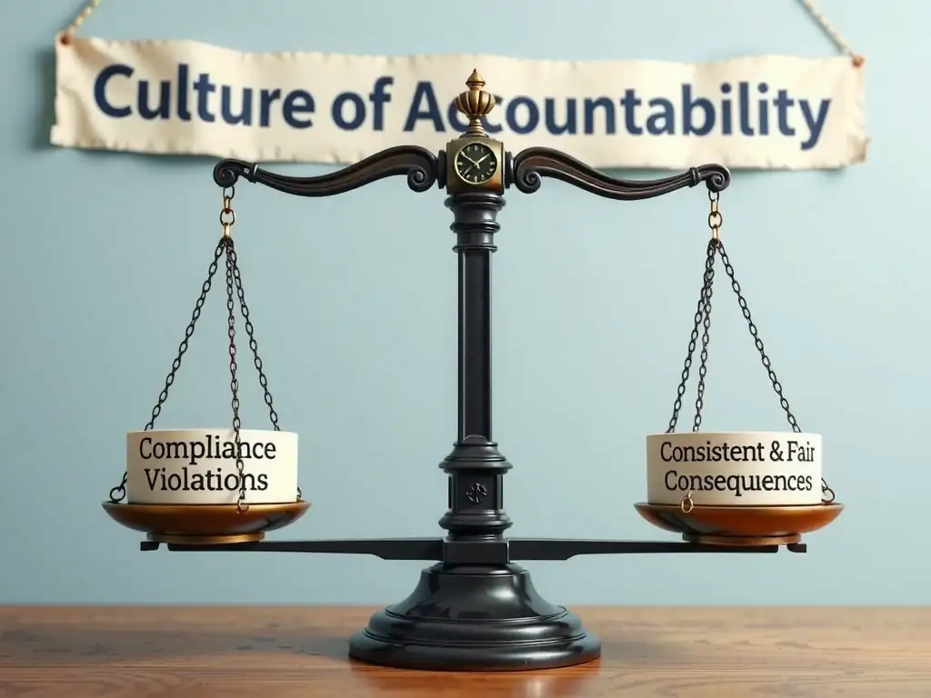 A balance scale representing justice. On one side are weights labeled "Compliance Policy Violations," and on the other side are weights labeled "Consistent & Fair Consequences." Behind the scale is a banner that reads "Culture of Accountability," showing that equal application of discipline balances the organizational environment.