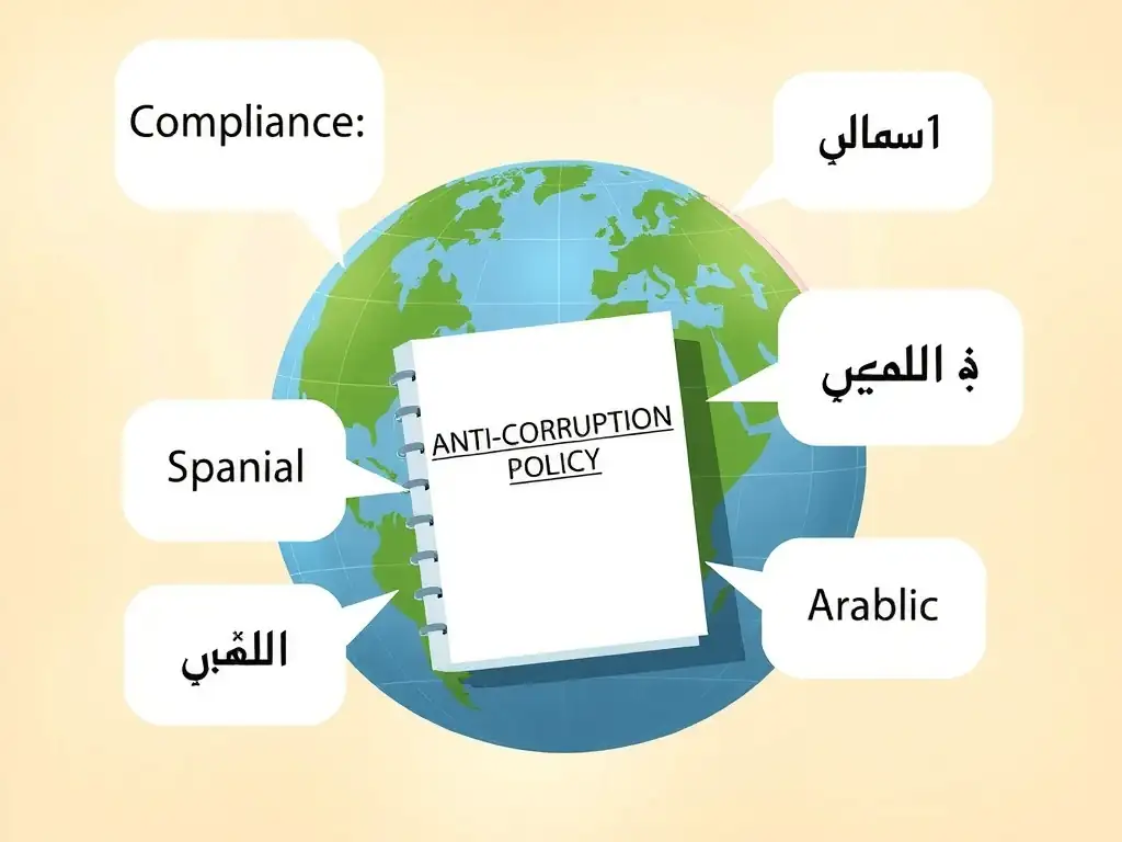 A globe with multiple speech bubbles pointing to it. Each bubble says "Compliance" in a different language (e.g., Spanish, Japanese, French, Arabic), pointing to a central, clean booklet titled "Anti-Corruption Policy," showing that global policies must be localized and clear to all.