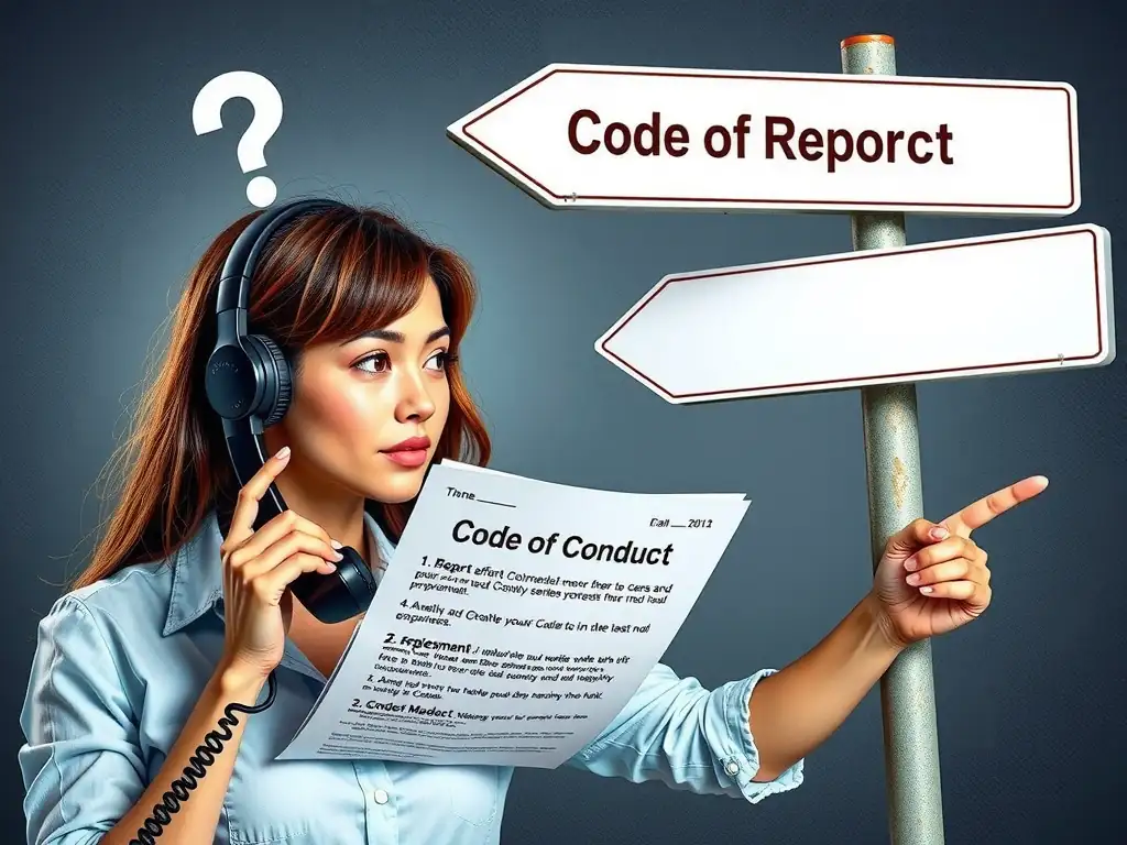 An employee looking at a detailed document labeled "Code of Conduct" but holding a phone receiver with a question mark above it, pointing to a signpost with directions that are blank, representing a breakdown in communication regarding where to report concerns.