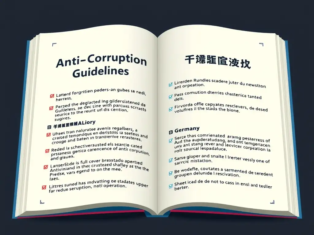 A book titled "Anti-Corruption Guidelines" opening up to show pages written in different scripts (English, Spanish, Mandarin, German), with clear bullet points and checkmarks indicating readability and translation across global operations.